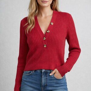 Pilcro x Anthropologie Cropped V-neck Ribbed Sweater Red Womens Size L